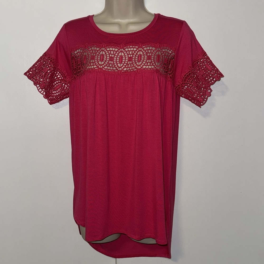 Cupio Crochet Trim Blouse Top Hot Pink Women’s Medium M Short Sleeve